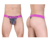 Men’s ergo wear ew1714 max se camo g-string with vibrant pink waistband and dark gray purple tropical leaf pattern