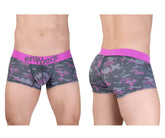 Pink and gray camouflage patterned men’s briefs with bright pink ergo wear waistband in model ew1716 max se camo trunks