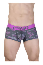 Purple and gray camouflage patterned men’s briefs with bright pink ergowear waistband ergo wear ew1716 max se camo trunks