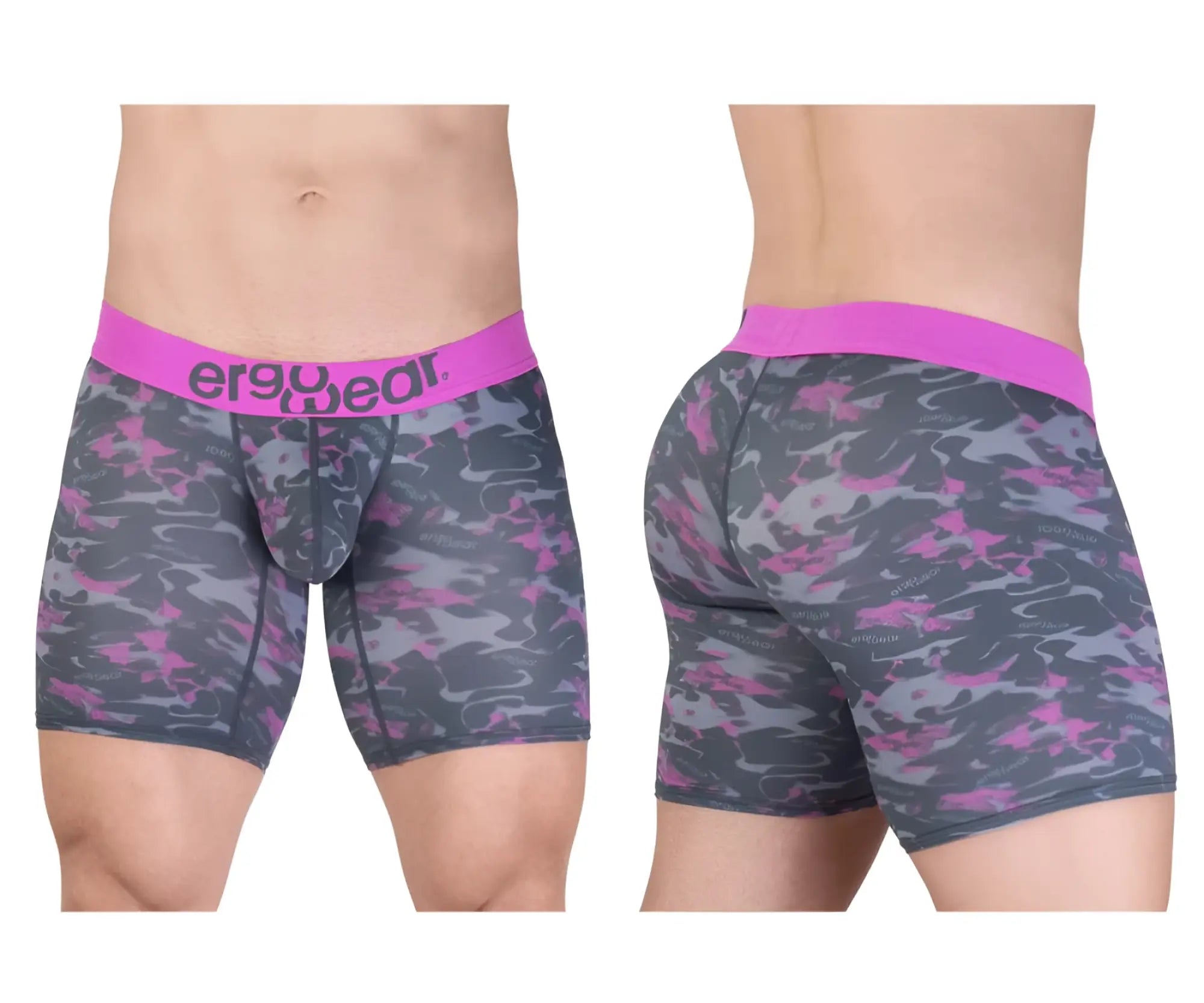 Pink and gray camouflage patterned men’s boxer briefs with bright pink ergo wear waistband for comfortable fit