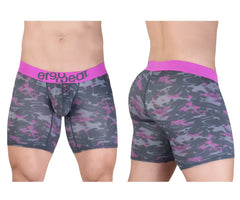 Pink and gray camouflage patterned men’s boxer briefs with bright pink ergo wear waistband for comfortable fit