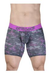 Purple and gray camouflage men’s boxer briefs with bright pink ergowear waistband ew1717 max se camo style