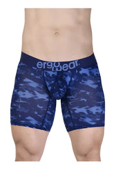 Blue camouflage patterned men’s boxer briefs with dark blue ergowear waistband from EW1721 MAX SE CAMO collection