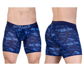 Blue camouflage patterned men’s boxer briefs with dark blue ergo wear waistband for comfortable support