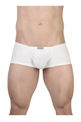 White men’s briefs with snug fit cotton fabric and small black brand tag on the waistband by ergowear ew1736 feel gr8