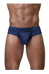 Dark blue satin-like ergoWear ew1751 feel se briefs with subtle pattern and cinnamon brand name on waistband