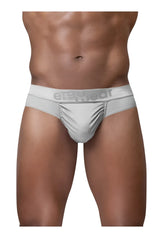 Silver men’s briefs with sleek form-fitting design and erectgear logo on waistband ergo wear ew1758 feel se thongs
