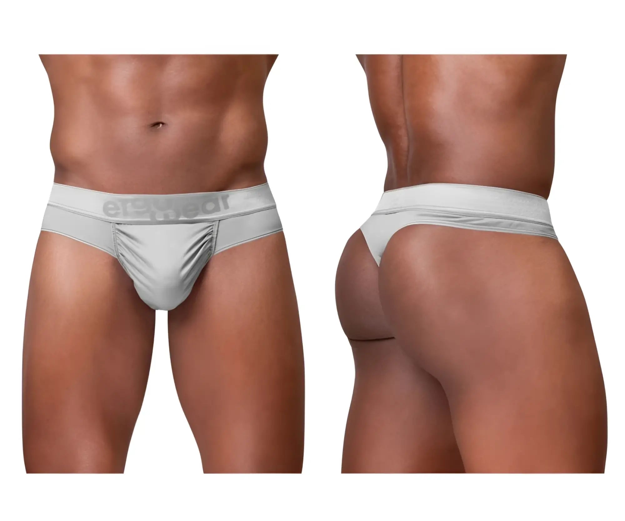 Silver ergo wear men’s briefs with subtle textured pattern and branded waistband showing front side