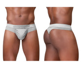 Silver ergo wear men’s briefs with subtle textured pattern and branded waistband showing front side