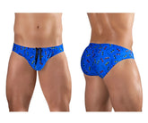 Blue ErgoWear EW1764 FEEL SW swim briefs with a playful colorful sunglasses pattern ideal for swimming and beachwear