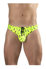 Bright yellow ErgoWear EW1765 X4D swim briefs with neon green fabric and playful black red sunglasses pattern