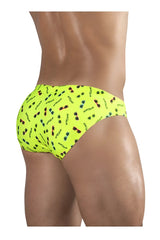 Bright yellow ergoWear EW1765 X4D SW swim briefs with colorful sunglasses pattern and black sunglasses text design