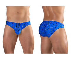 Blue ErgoWear EW1767 X4D SW swim briefs featuring colorful sunglasses pattern designed for comfortable swimming