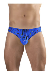 Blue ergowear ew1767 x4d swim briefs with colorful sunglasses pattern and black drawstrings for secure closure