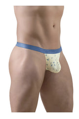 A light yellow men’s thong g-string by ergowear with a blue waistband and small bird patterns in vanilla color