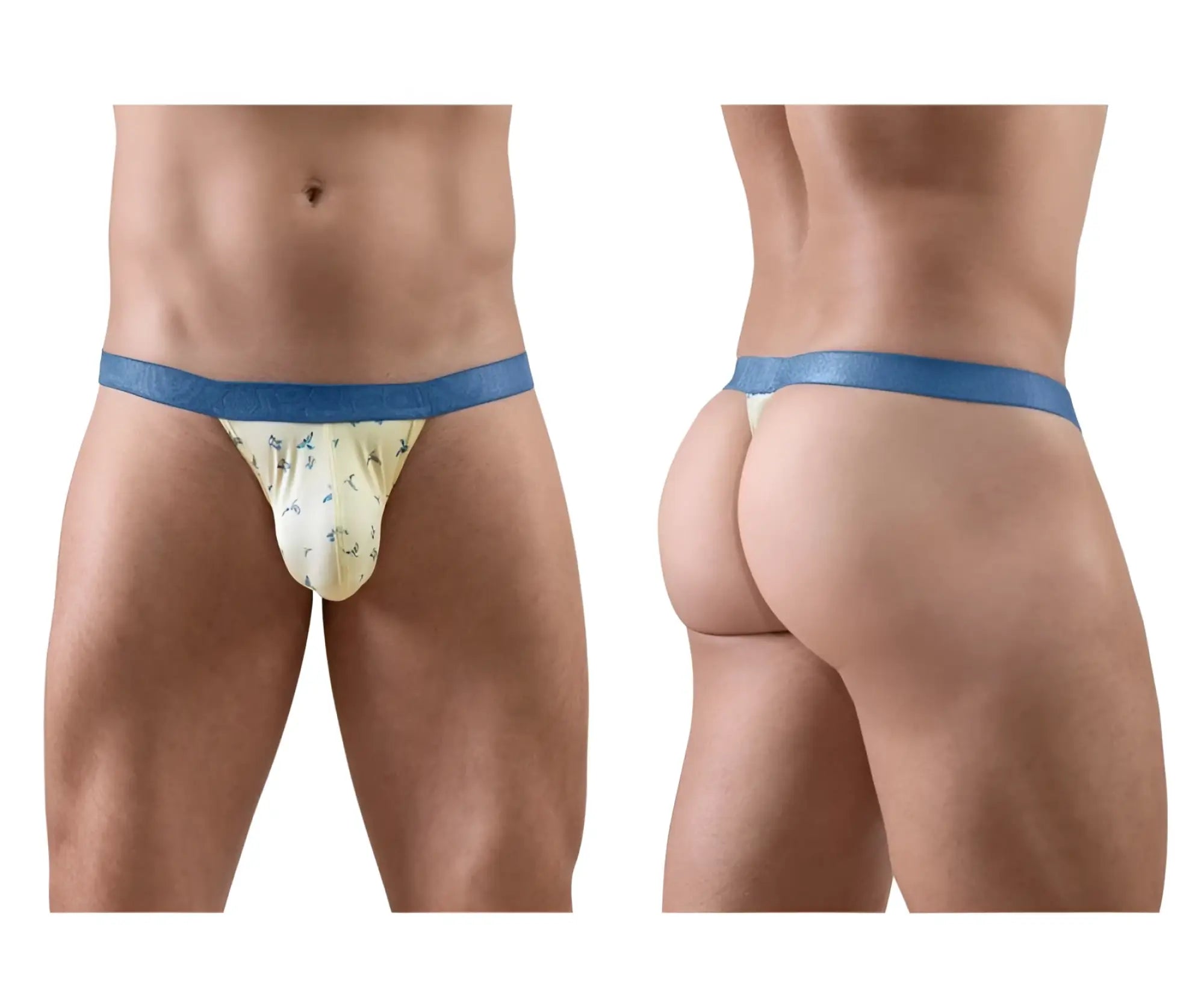 Mens yellow thong with blue elastic waistband and small bird pattern by ergowear model ew1768 slk se g-string