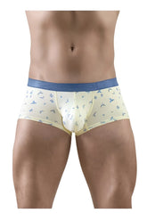 Ergowear ew1770 slk se vanilla-colored boxer briefs with blue waistband and small bird patterns front view