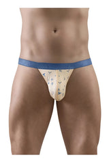 Beige ergoWear ew1772 slk se g-string briefs with blue waistband and small bird patterns front view