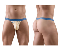 Beige ergo wear ew1772 slk se g-string with blue trim smooth elastic waistband and subtle bird pattern front view
