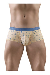 Beige ergoWear ew1774 slk se trunks with blue waistband and small bird patterns in peach color front view