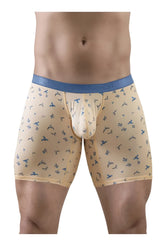 Beige ergoWear ew1775 slk se boxer briefs with blue elastic waistband and blue bird patterns in peach color