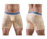 Beige ergo wear ew1775 slk se boxer briefs with blue elastic waistband and subtle blue bird pattern in peach color