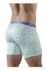 Ergowear ew1779 slk se boxer briefs in frost green with blue bird pattern and solid blue waistband for comfort