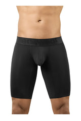 Black men’s boxer briefs with contoured design and elastic waistband with ersheat brand name in black color