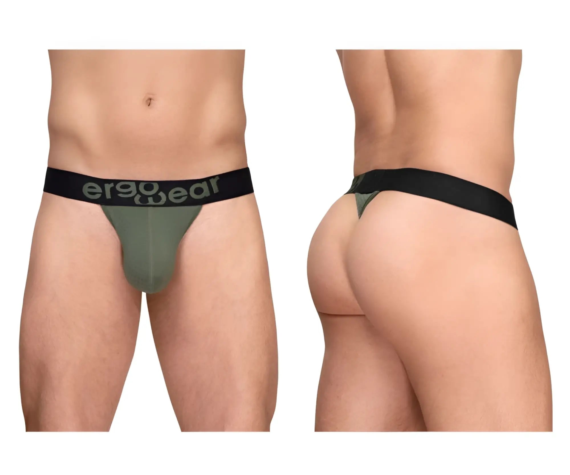 Olive green ergonomic briefs with a black waistband featuring the ergo wear logo in a g-string style