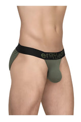 Olive green ergo wear ew1786 max flow ergonomic briefs with a black waistband and logo front view