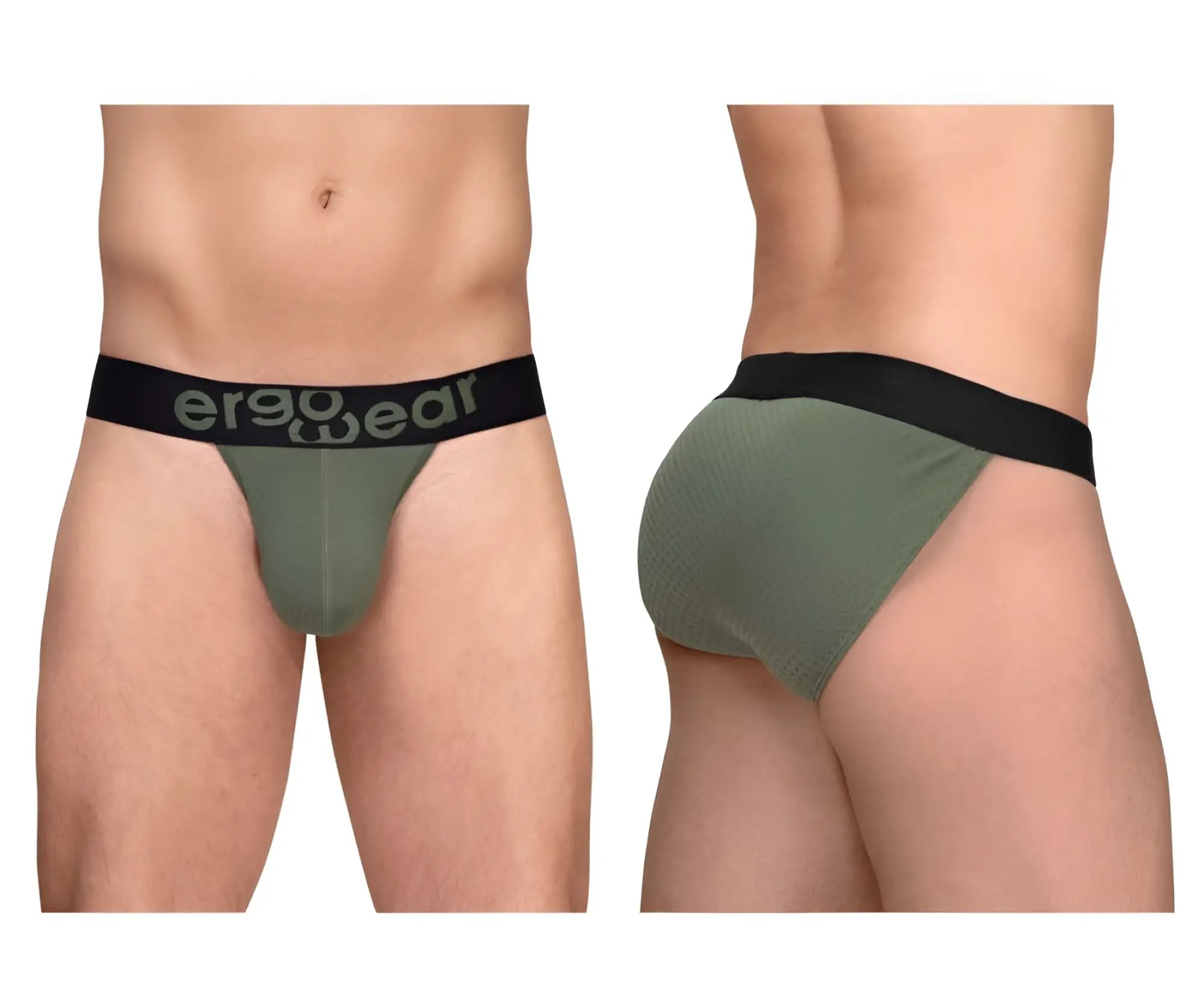 Olive green ergonomic briefs with black waistband and ergo wear branding in ergo wear ew1786 max flow bikini color dark green