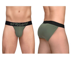 Olive green ergonomic briefs with black waistband and ergo wear branding in ergo wear ew1786 max flow bikini color dark green