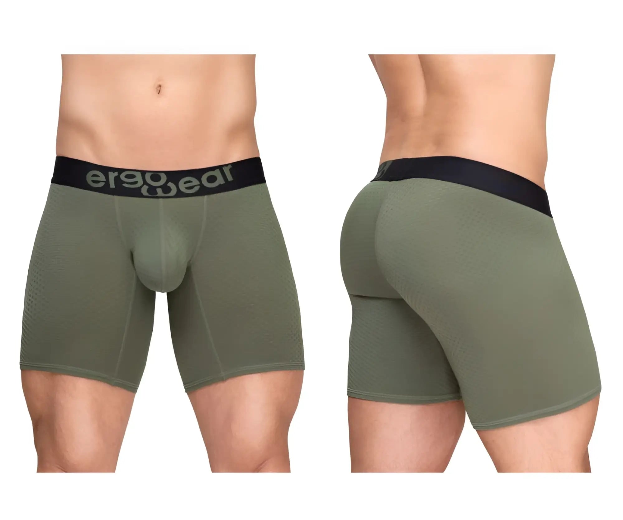 Olive green ergonomic boxer briefs with black er90wear waistband for comfort and support in dark green color
