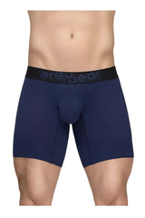 Navy blue ergo wear ew1792 max flow ergonomic boxer briefs with black waistband and gray logo for comfortable wear