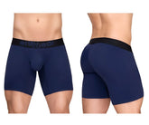 Navy blue ergonomic boxer briefs with black waistband and ergo wear logo designed for max flow comfort
