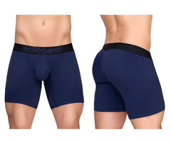 Navy blue ergonomic boxer briefs with black waistband and ergo wear logo designed for max flow comfort
