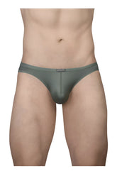 A sleek dark olive green men’s brief with smooth form-fitting design and subtle branding on the waistband by Ergowear
