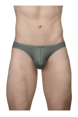 A sleek dark olive green men’s brief with smooth form-fitting design and subtle branding on the waistband by Ergowear
