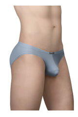 Light blue smooth textured men’s briefs with subtle sheen and small brand tag on the waistband by ergowear