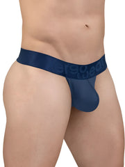 Navy blue sheer mesh jockstrap with a solid fabric waistband featuring the ErgoWear logo in the back view
