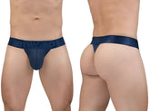 Navy blue sheer mesh thong with wide elastic waistband debossed with eregg brand name back view of ergowear ew1812 max bold g-string