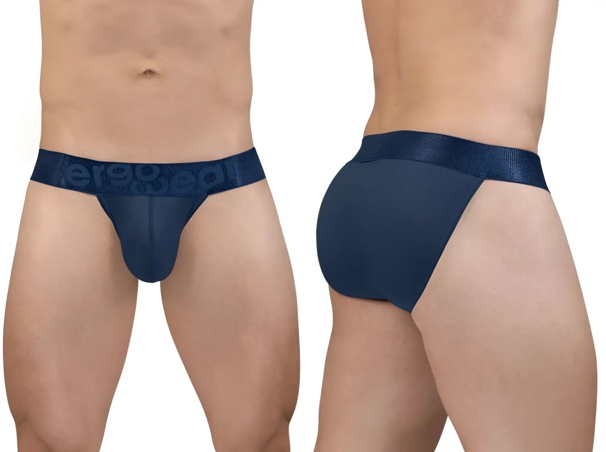 Navy blue mesh briefs with a textured waistband featuring the eroge brand name in white lettering