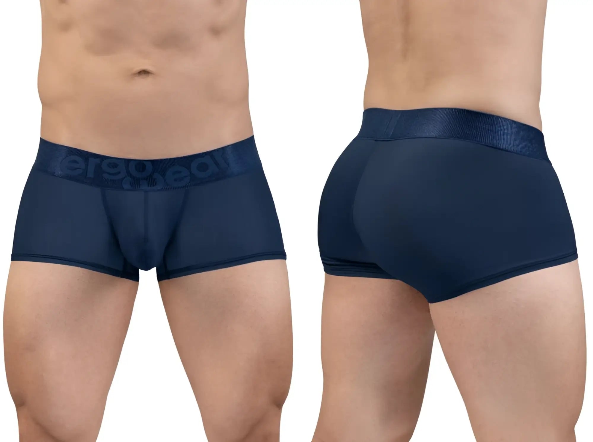 Navy blue ergonomic briefs with textured waistband featuring ErgoWear branding designed for comfort and support