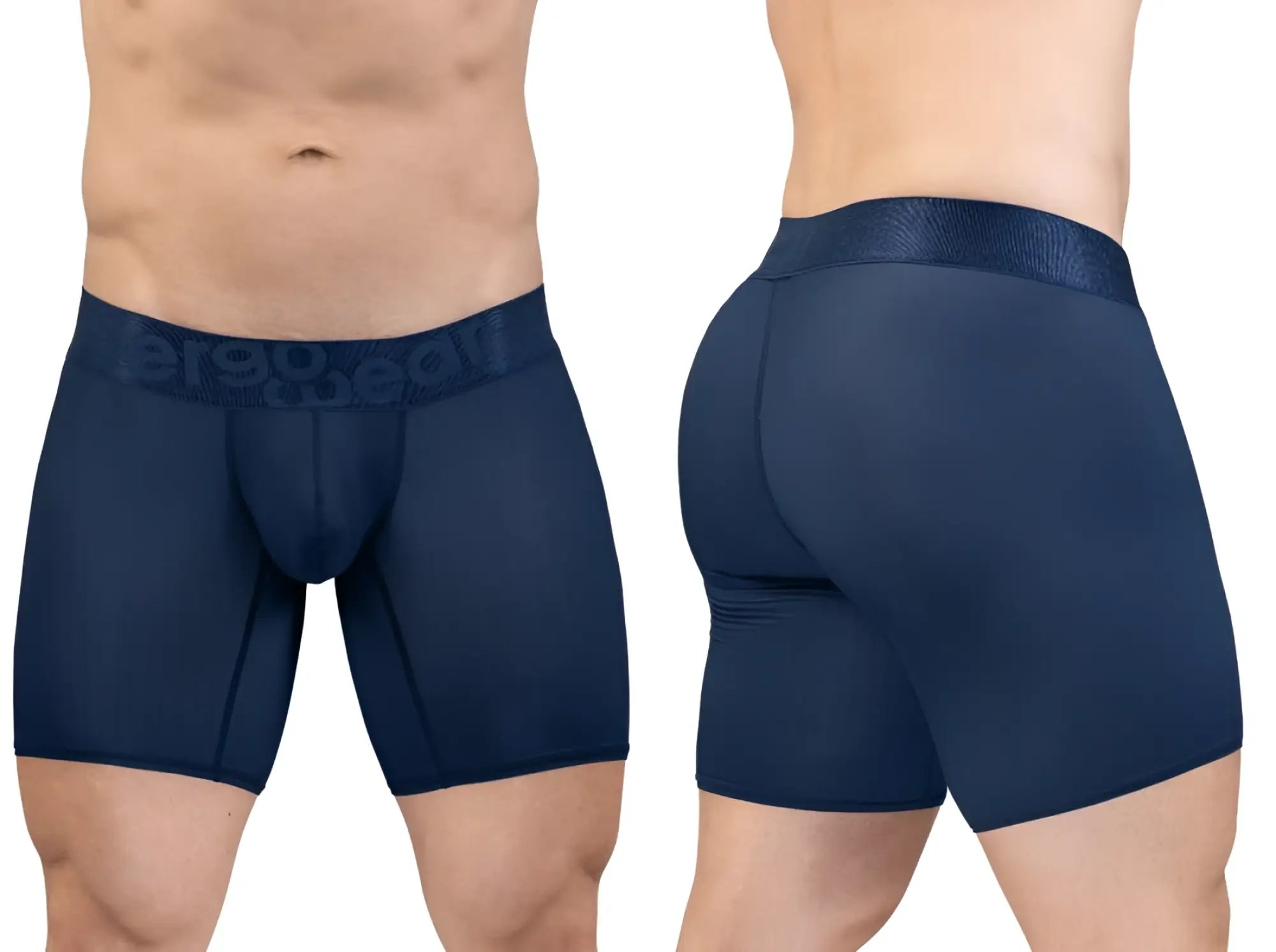 Navy blue ergo gear men’s boxer briefs with textured waistband featuring ergonomic support and breathable fabric