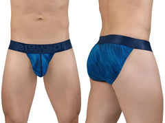 Blue patterned briefs with dark blue elastic waistband featuring erogad logo in ergoWear ew1817 max bold bikini mid blue