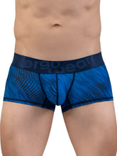 Blue patterned men’s boxer briefs with dark blue ergo gear waistband in mid blue for comfortable everyday wear