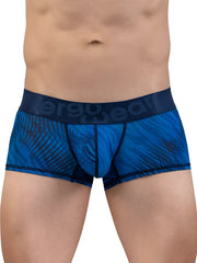 Blue patterned men’s boxer briefs with dark blue ergo gear waistband in mid blue for comfortable everyday wear
