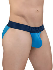 Blue ergonomic briefs with dark blue ergo wear logo waistband in river blue from ergowear ew1821 max bold se bikini line