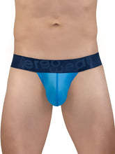 Blue sheer men’s briefs with a dark blue elastic waistband featuring the ergo wear logo in color river blue