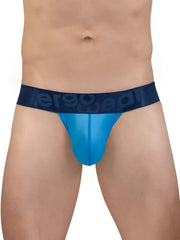 Blue sheer men’s briefs with a dark blue elastic waistband featuring the ergo wear logo in color river blue